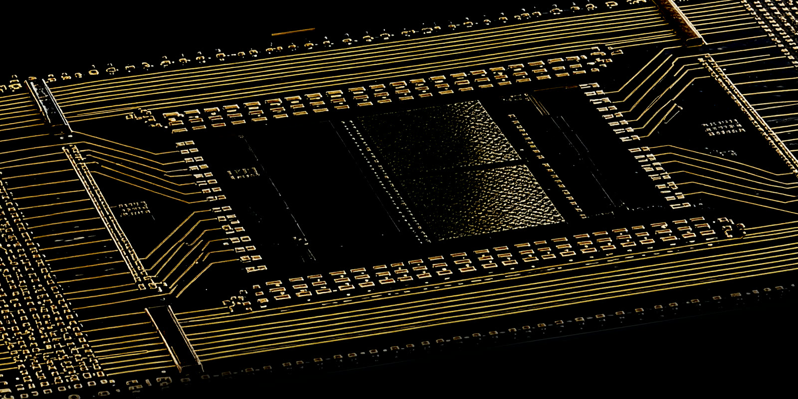 B200 package substrate — gold traces and the central die cavity